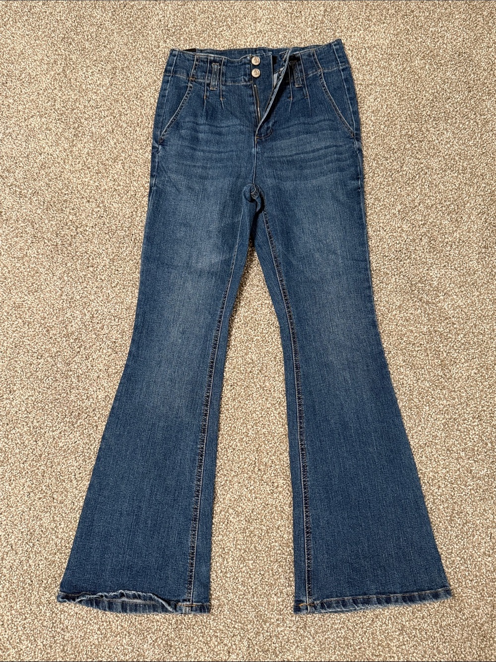 Almost Famous Dark Wash High Rise Flare Jeans Button Front Size 7